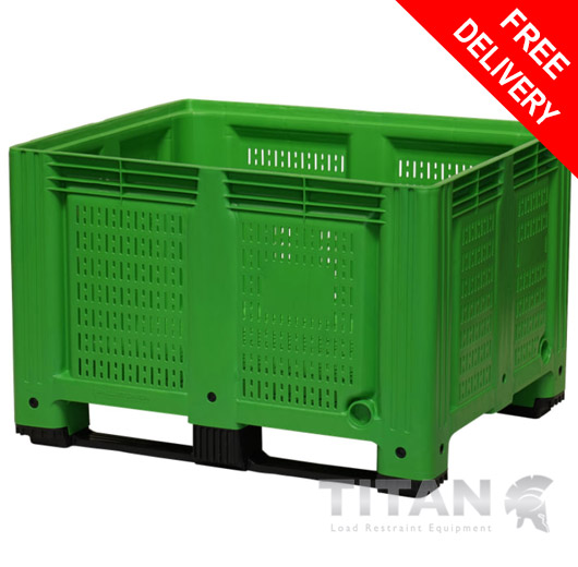 Vented Plastic Box Pallet with 2 Forklift Skids – 660Litre Capacity Green