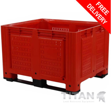 Vented Plastic Box Pallet with 2 Forklift Skids – 660Litre Capacity Red