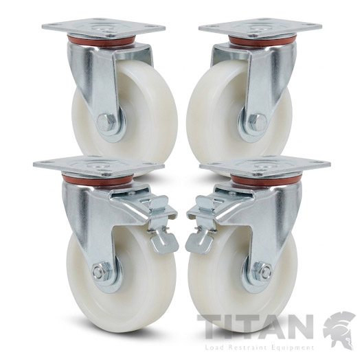 Nylon Castors Set of 4 with Two Total Stop Brakes Factory Fitted 125mm