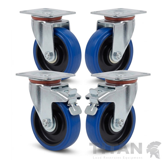 Rubber Castors Set of 4 with Two Total Stop Brakes Factory Fitted 125mm
