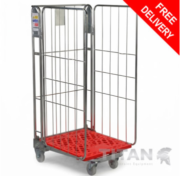 3 Sided Red Plastic Base Roll Container Nestable 600kg Capacity