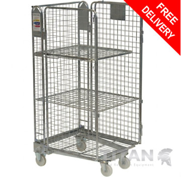 Budget 3 Sided Roll Container with Two Shelves 600kg Capacity